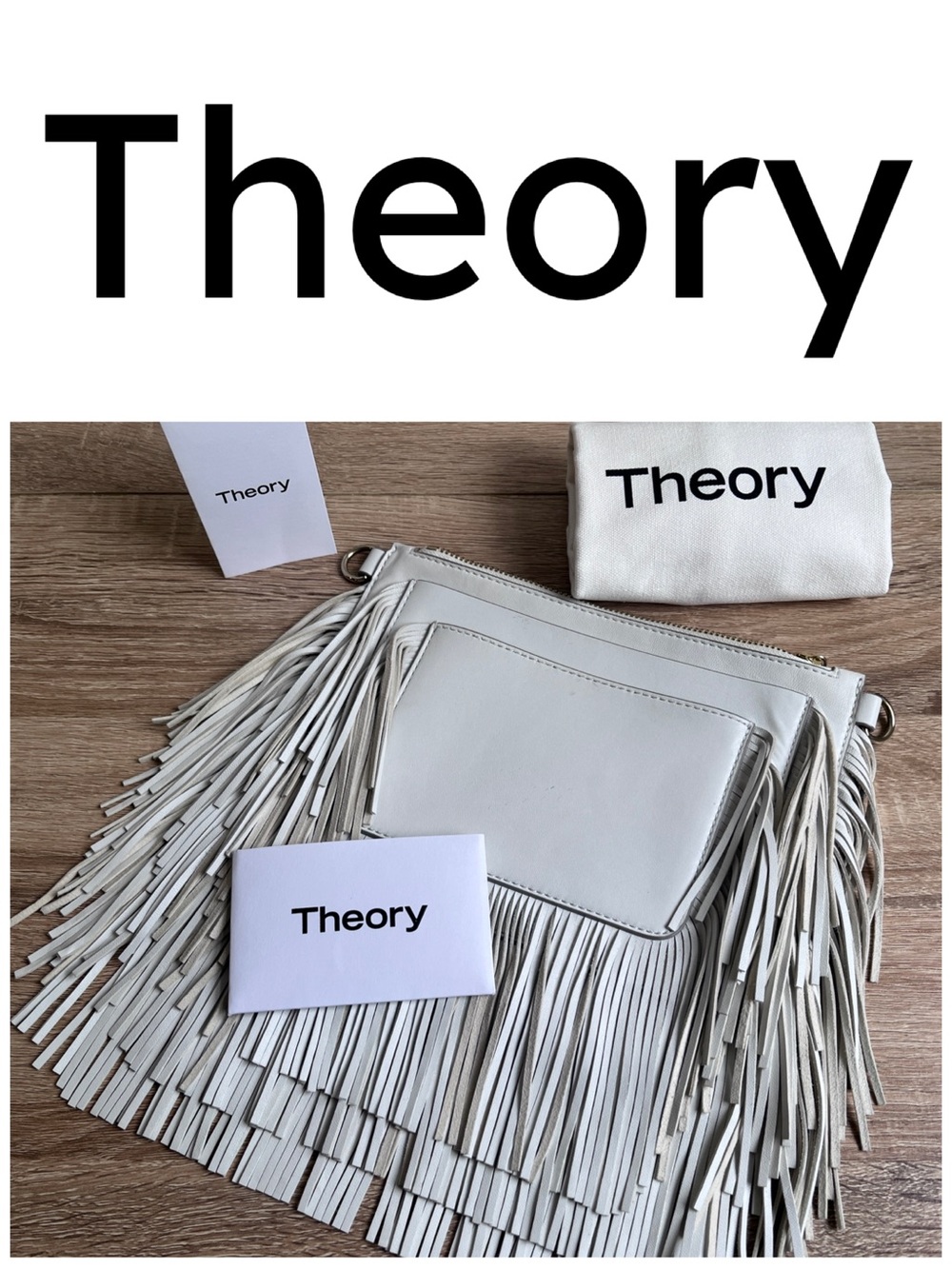 THEORY White Fringe Autumn Leather Crossbody Bag Purse Clutch Transformer NEW
